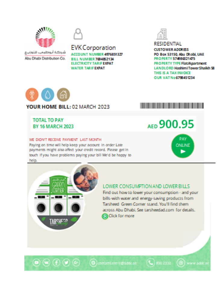 Abu Dhabi Distribution water utility business bill, SCR PSD template